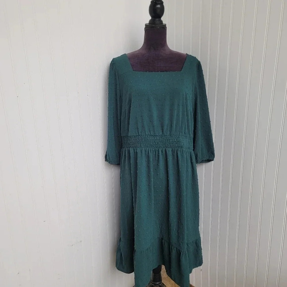 NWT Agnes Orinda Womens Plus Size Emerald Green Swiss Dot Dress Stretch Waist 1X - Picture 1 of 13